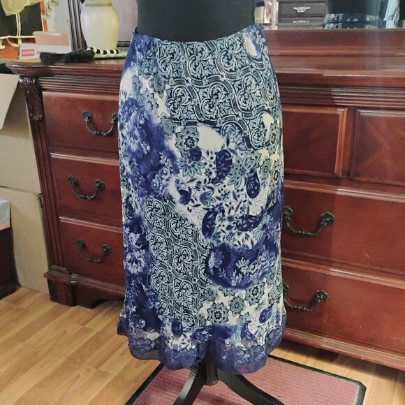 Blue Floral Patterned Skirt with Laced Hemline - Picture 1 of 5